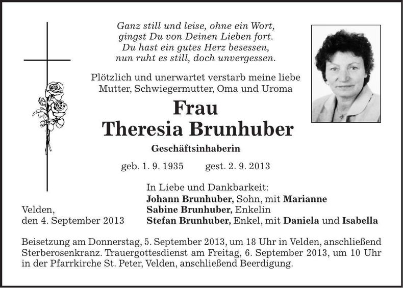 Traueranzeige Theresia Brunhuber