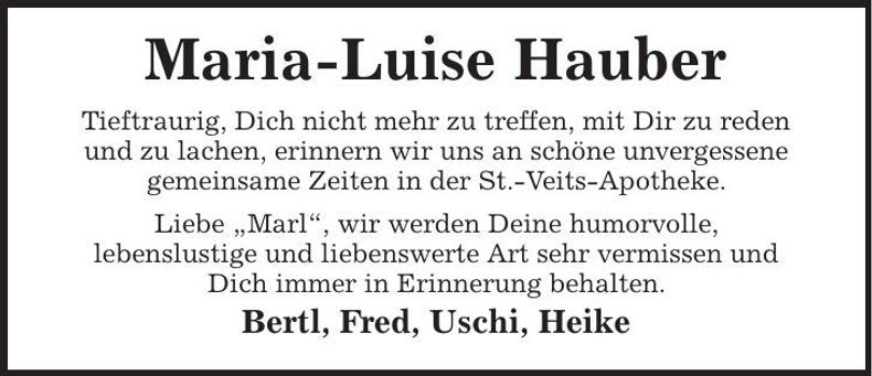 Traueranzeige Maria Luise Hauber