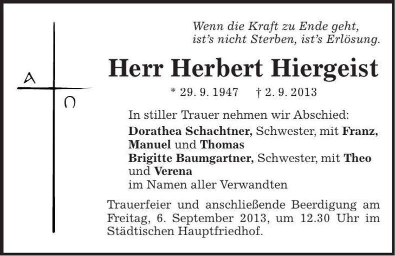 Traueranzeige Herbert Hiergeist