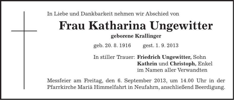 Traueranzeige Katharina Ungewitter