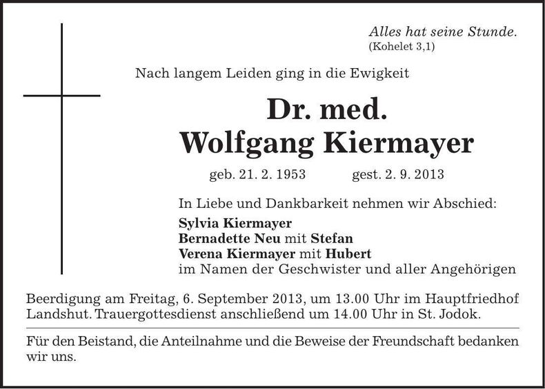 Traueranzeige Wolfgang Kiermayer