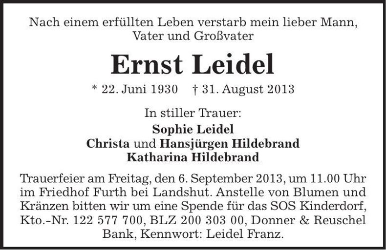 Traueranzeige Ernst Leidel