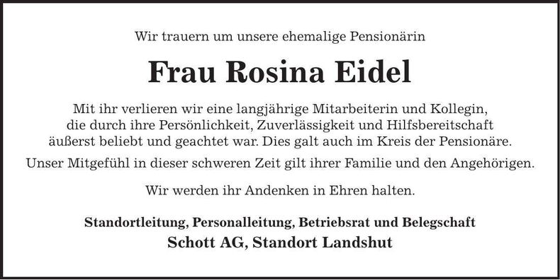 Traueranzeige Rosina Eidel