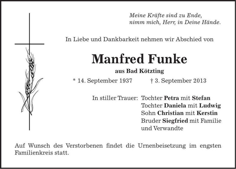 Traueranzeige Manfred Funke