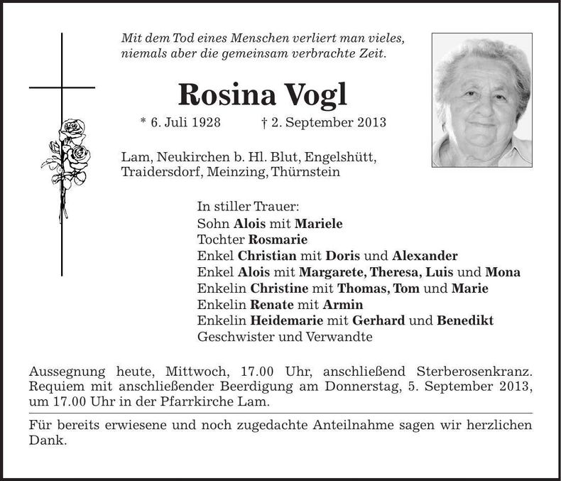 Traueranzeige Rosina Vogl