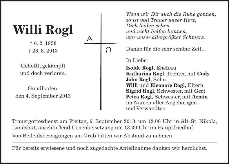 Traueranzeige Willi Rogl