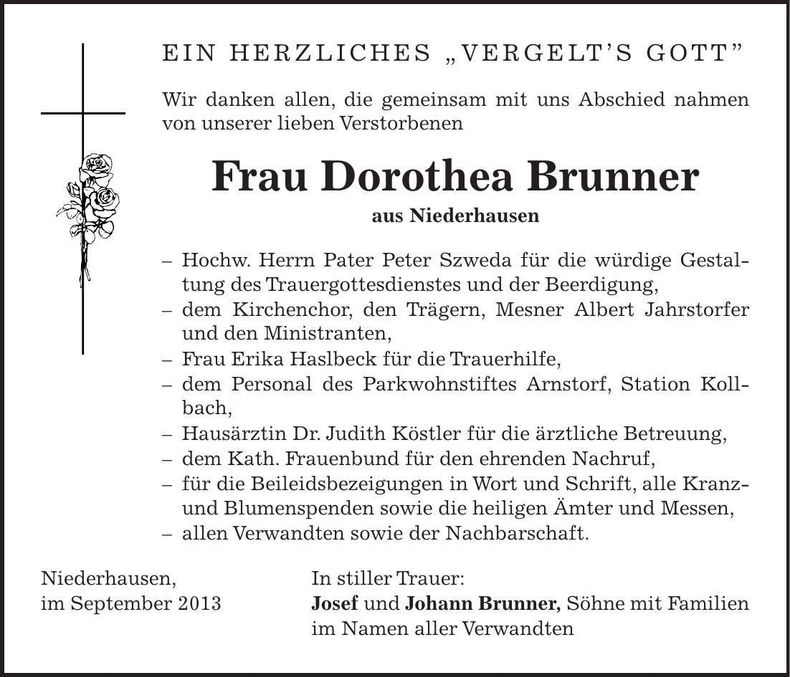 Traueranzeige Dorothea Brunner