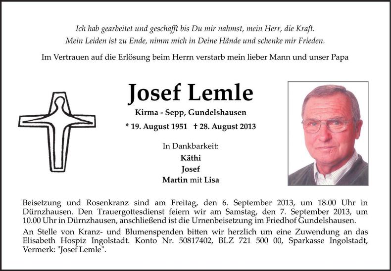 Traueranzeige Josef Lemle