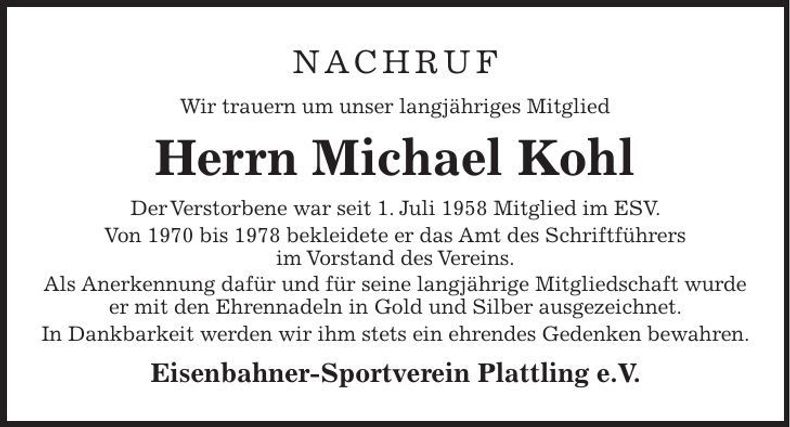 Traueranzeige Michael Kohl