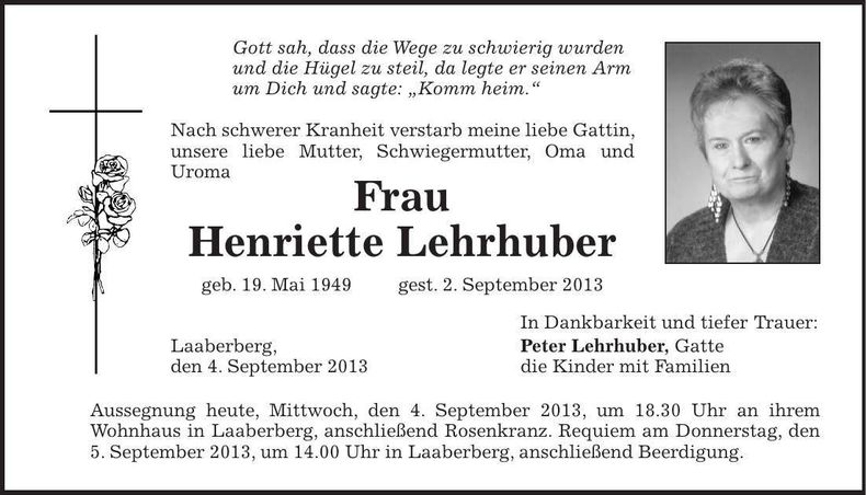 Traueranzeige Henriette Lehrhuber