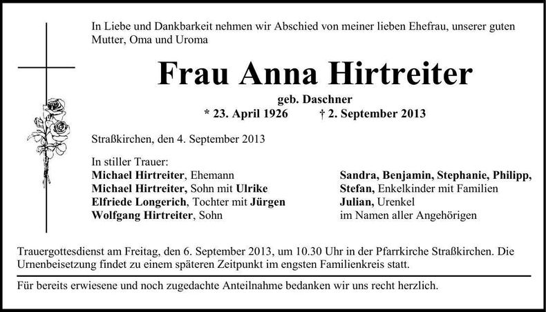 Traueranzeige Anna Hirtreiter