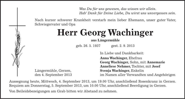 Traueranzeige Georg Wachinger