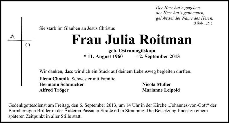Traueranzeige Julia Roitman