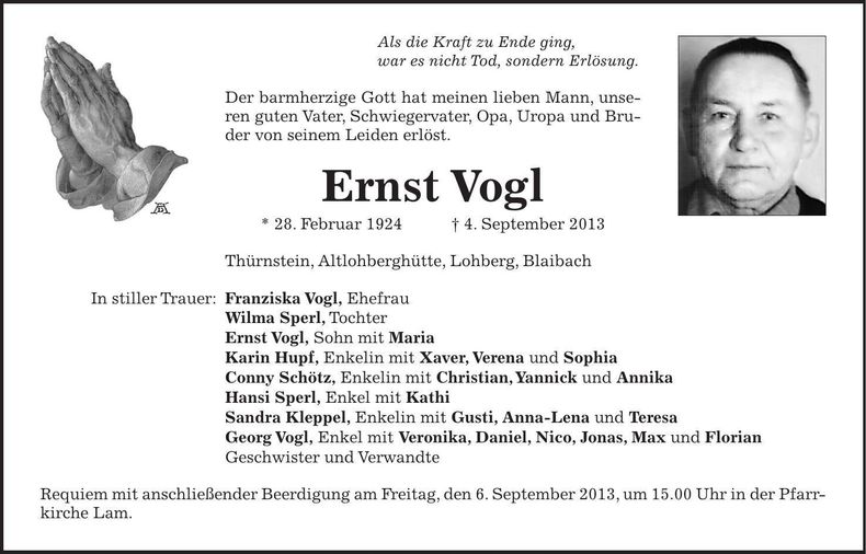 Traueranzeige Ernst Vogl