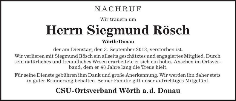 Traueranzeige Siegmund Rösch