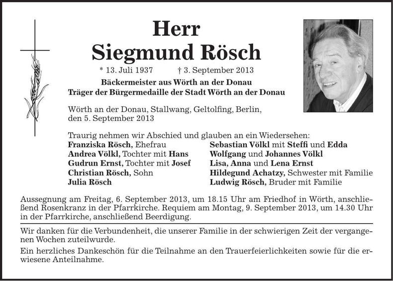 Traueranzeige Siegmund Rösch