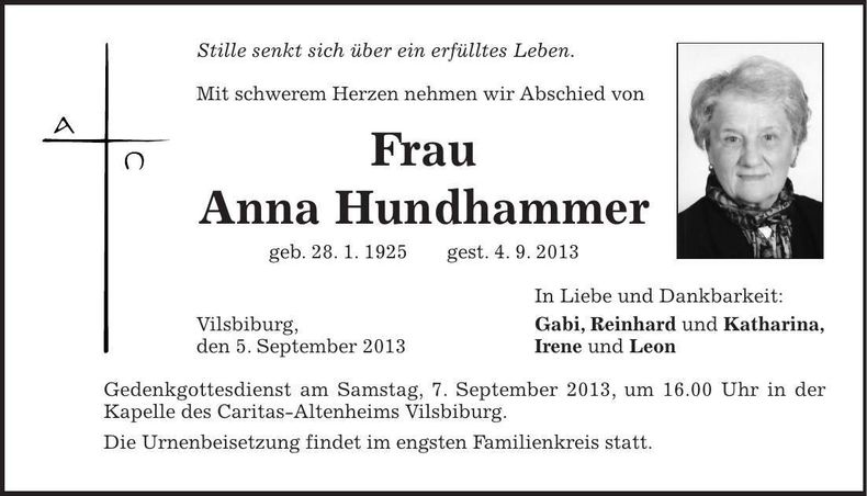 Traueranzeige Anna Hundhammer