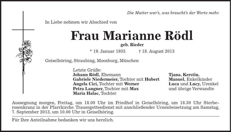 Traueranzeige Marianne Rödl