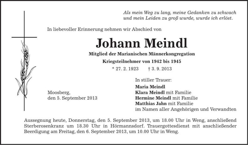 Traueranzeige Johann Meindl