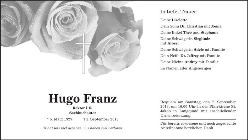 Traueranzeige Hugo Franz