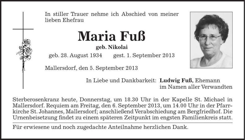 Traueranzeige Maria Fuß
