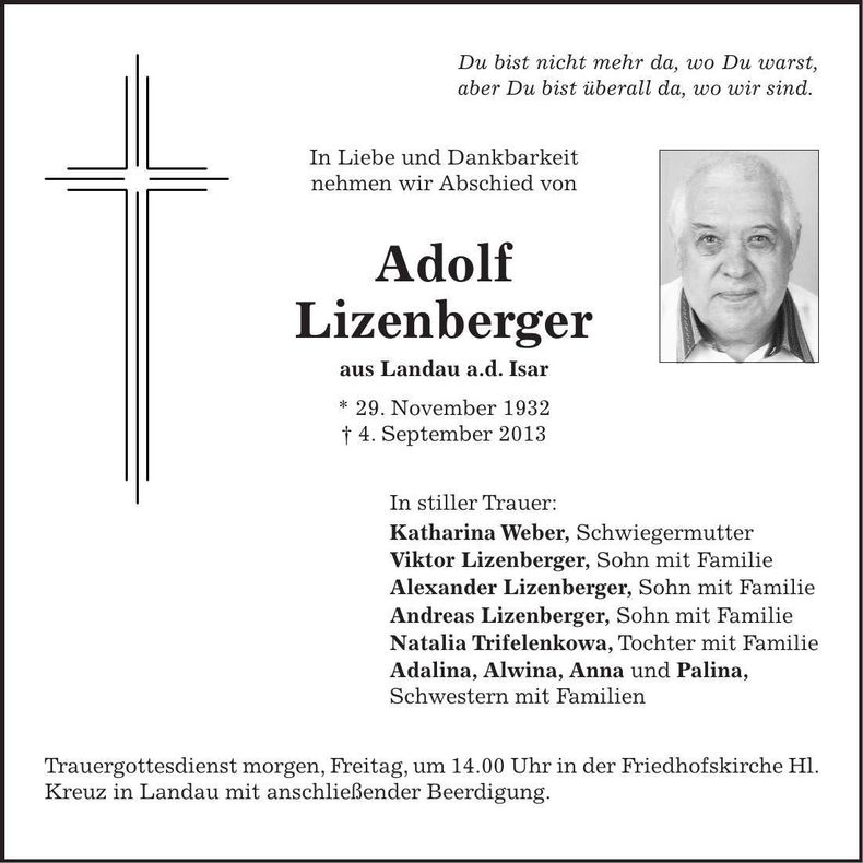Traueranzeige Adolf Lizenberger