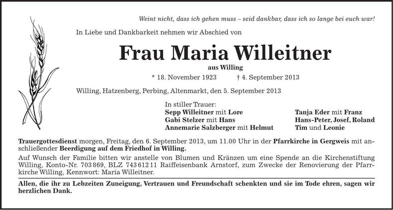 Traueranzeige Maria Willeitner