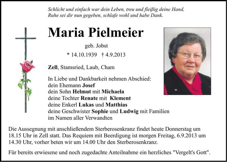 Traueranzeige Maria Pielmeier