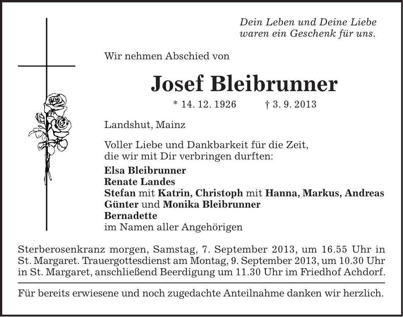 Traueranzeige Josef Bleibrunner