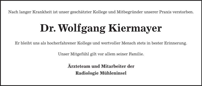 Traueranzeige Wolfgang Kiermayer