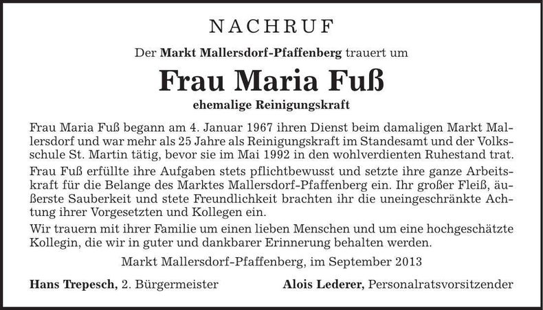 Traueranzeige Maria Fuß