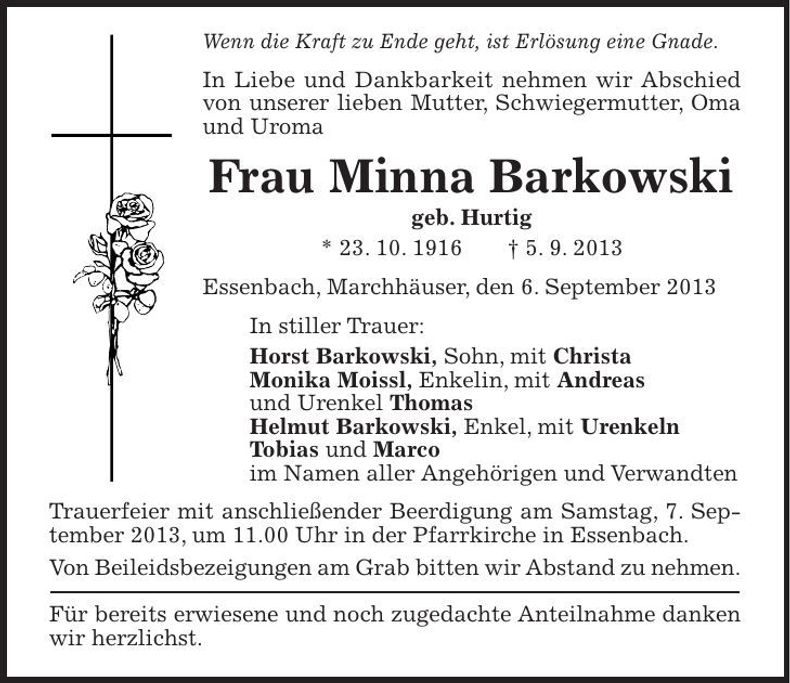 Traueranzeige Minna Barkowski