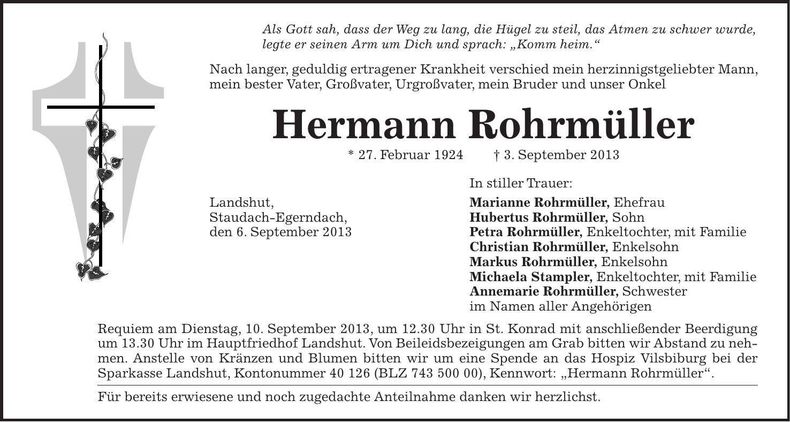 Traueranzeige Hermann Rohrmüller