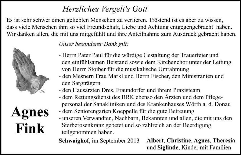 Traueranzeige Agnes Fink