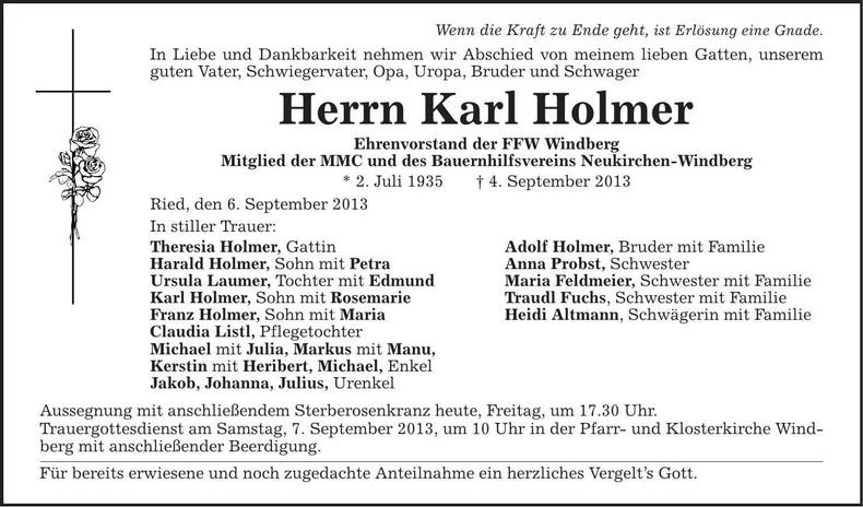 Traueranzeige Karl Holmer