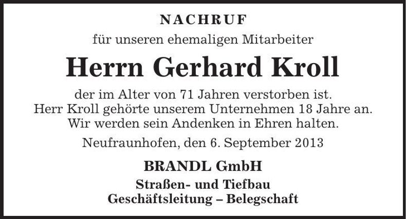 Traueranzeige Gerhard Kroll