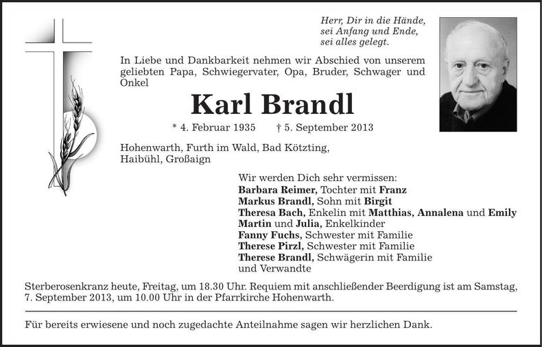 Traueranzeige Karl Brandl