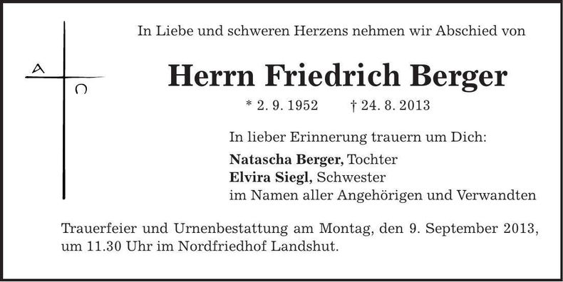 Traueranzeige Friedrich Berger