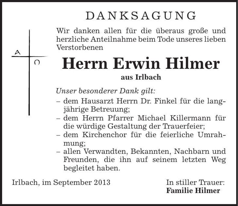 Traueranzeige Erwin Hilmer