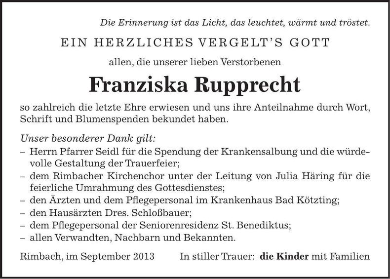 Traueranzeige Franziska Rupprecht