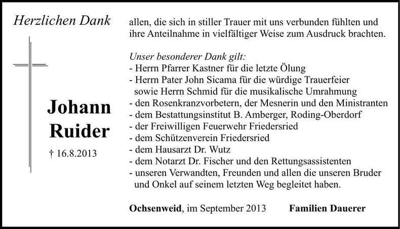 Traueranzeige Johann Ruider