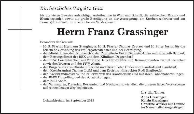 Traueranzeige Franz Grassinger