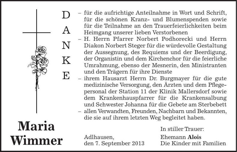Traueranzeige Maria Wimmer