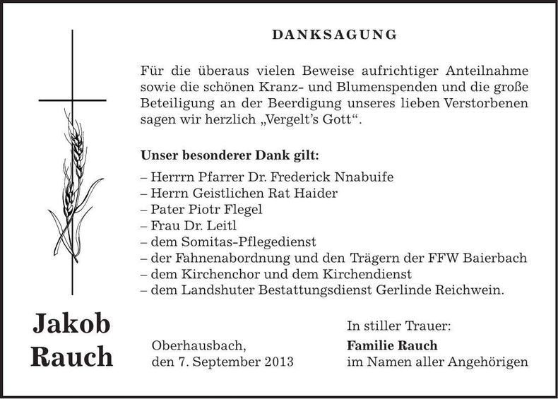 Traueranzeige Jakob Rauch