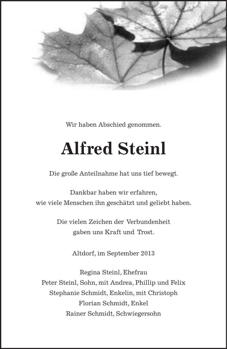 Traueranzeige Alfred Steinl