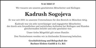 Traueranzeige Kadrush Sogojeva