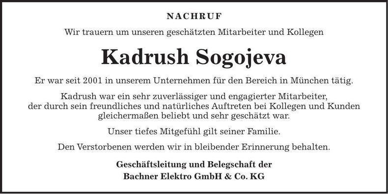 Traueranzeige Kadrush Sogojeva