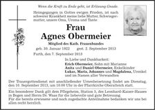 Traueranzeige Agnes Obermeier