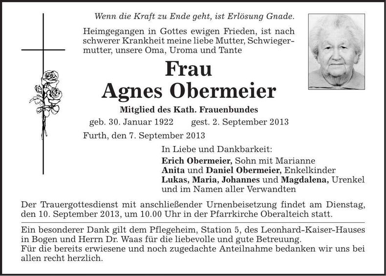 Traueranzeige Agnes Obermeier