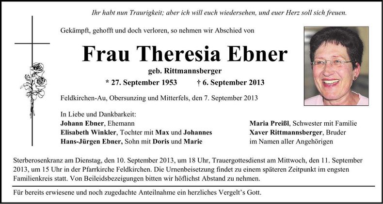 Traueranzeige Theresia Ebner